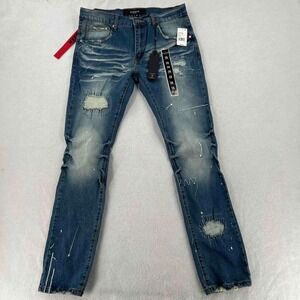 NWT Reason Distressed Skinny Jeans Blue Men's Size 34x32 Bleached Leg Denim